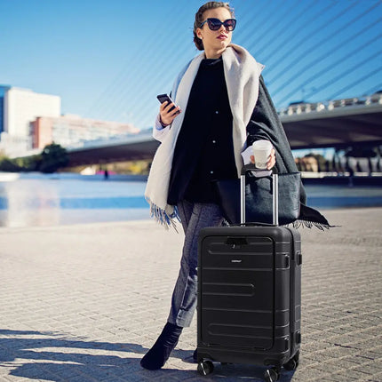 20 Inch Carry-on Luggage PC Hardside Suitcase TSA Lock with Front Pocket and USB Port-Black - Black - Camping