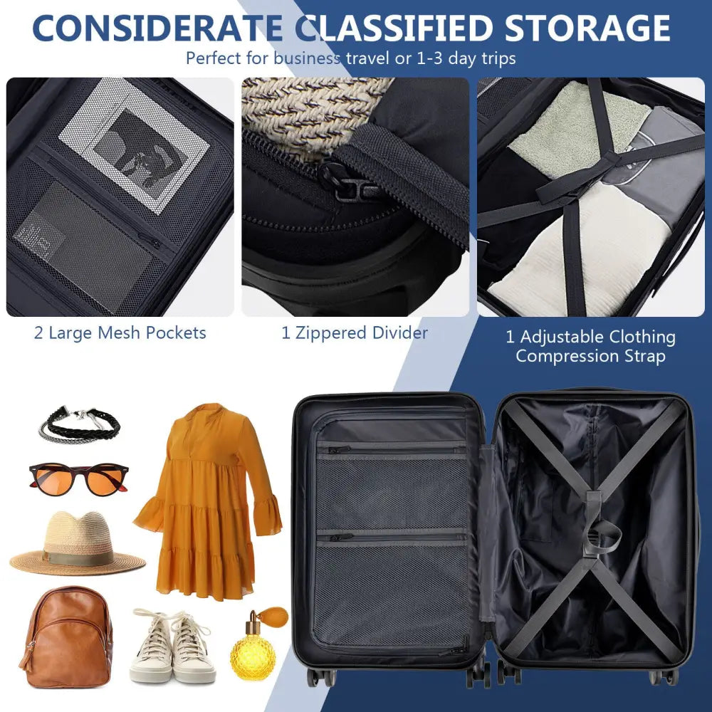 20 Inch Carry-on Luggage PC Hardside Suitcase TSA Lock with Front Pocket and USB Port-Navy - Navy - Camping
