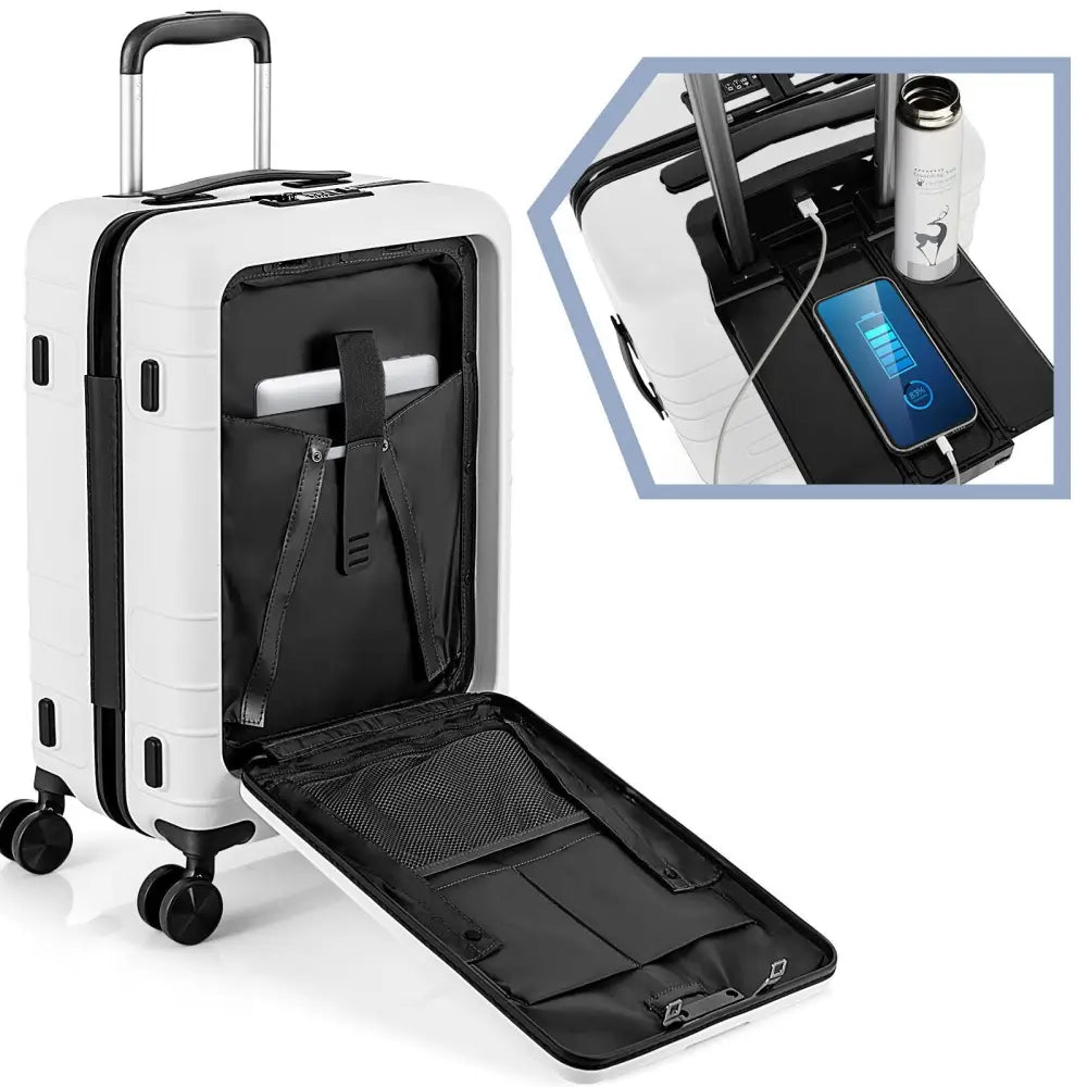 20 Inch Carry-on Luggage PC Hardside Suitcase TSA Lock with Front Pocket and USB Port-White - White - Camping