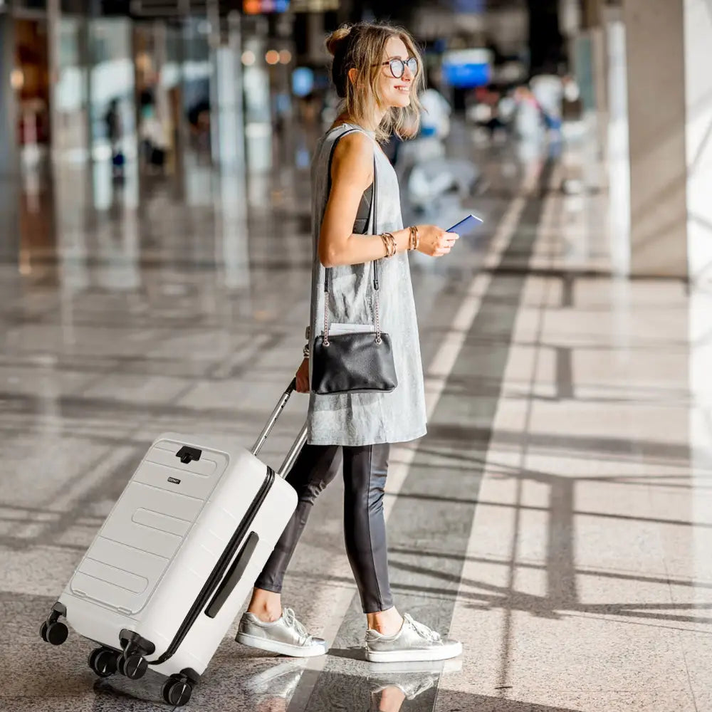 20 Inch Carry-on Luggage PC Hardside Suitcase TSA Lock with Front Pocket and USB Port-White - White - Camping