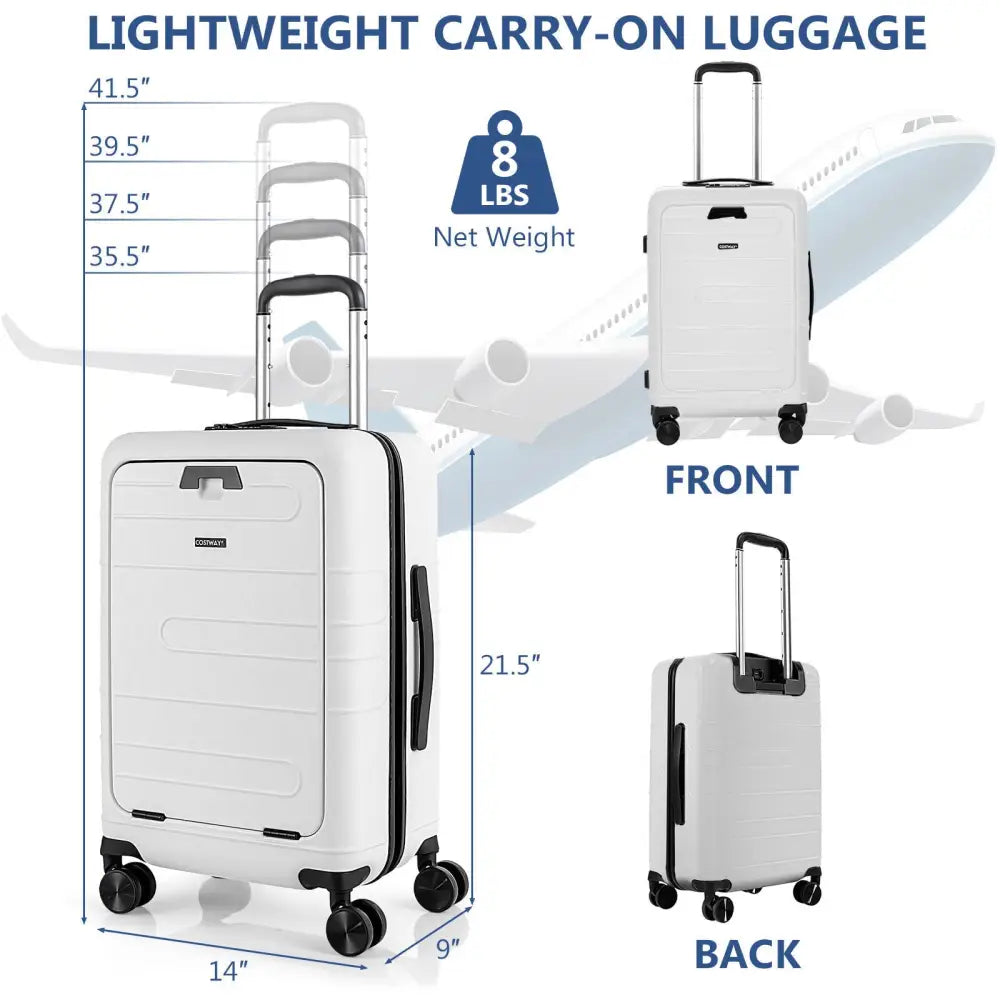 20 Inch Carry-on Luggage PC Hardside Suitcase TSA Lock with Front Pocket and USB Port-White - White - Camping