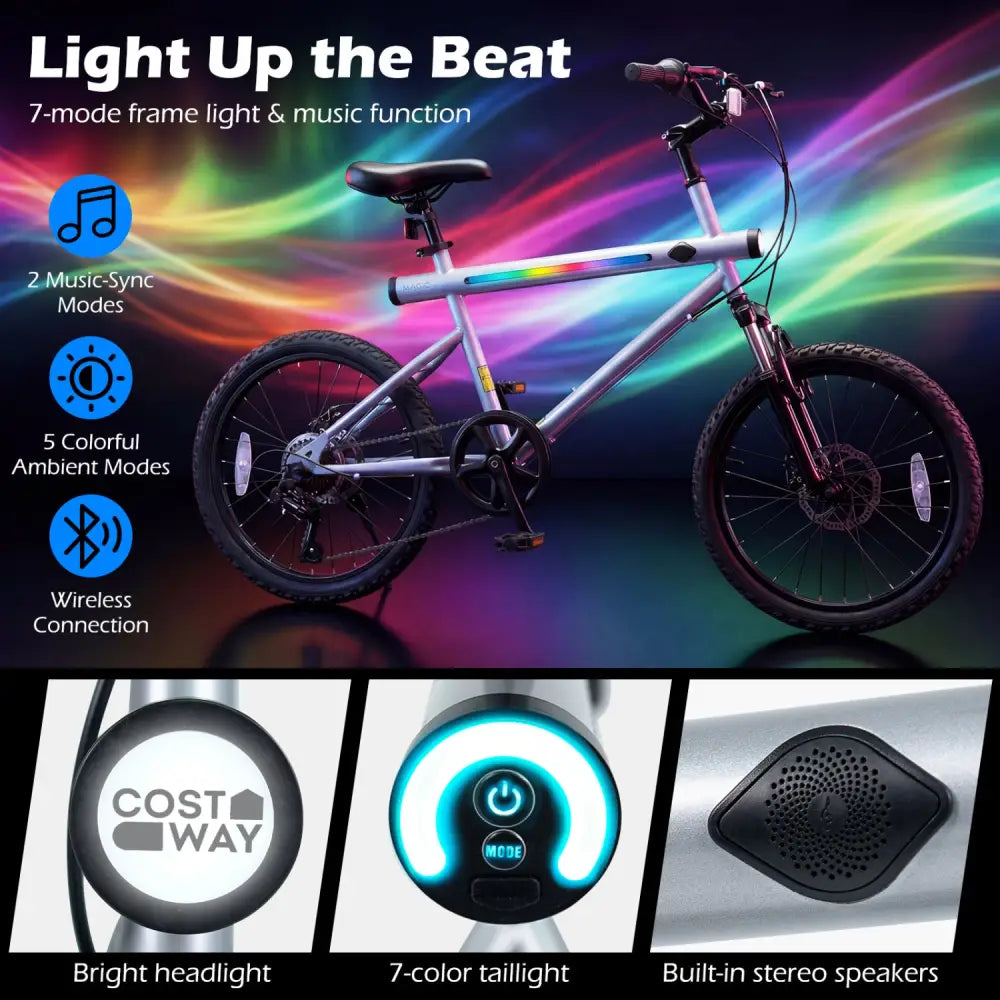 20 Inch Commuter Bicycle LED-lit with 6-Speed Shimano Twist Shifting and Stereo Speakers-Silver - Silver - Kids Bike