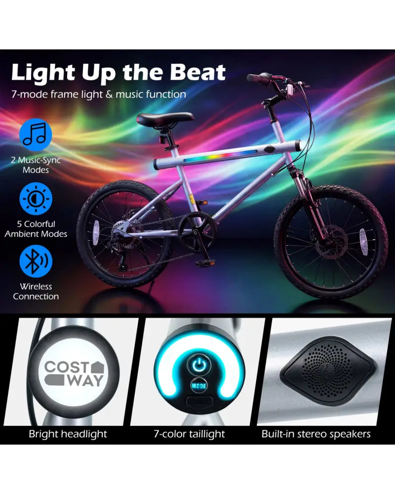 20 Inch Commuter Bicycle LED-lit with 6-Speed Shimano Twist Shifting and Stereo Speakers-Silver - Silver - Kids Bike