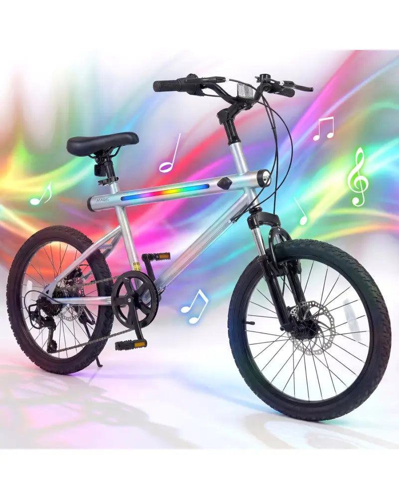20 Inch Commuter Bicycle LED-lit with 6-Speed Shimano Twist Shifting and Stereo Speakers-Silver - Silver - Kids Bike