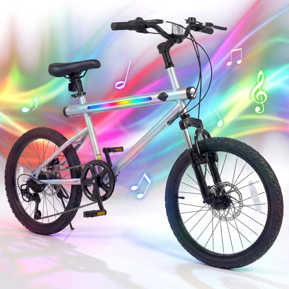 20 Inch Commuter Bicycle LED-lit with 6-Speed Shimano Twist Shifting and Stereo Speakers-Silver - Silver - Kids Bike