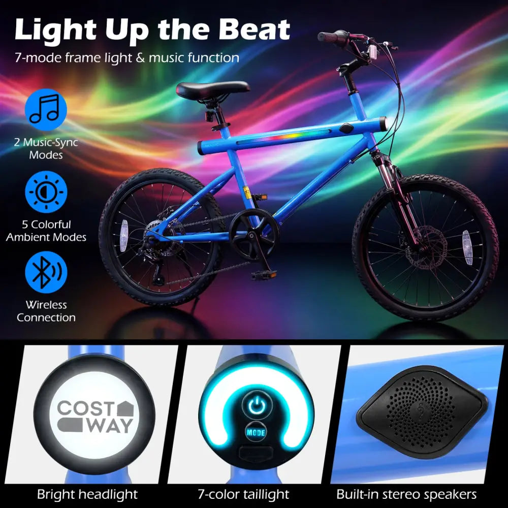 20 Inch Commuter Bicycle LED-lit with 6-Speed Shimano Twist Shifting and Stereo Speakers-Blue - Blue - Kids Bike