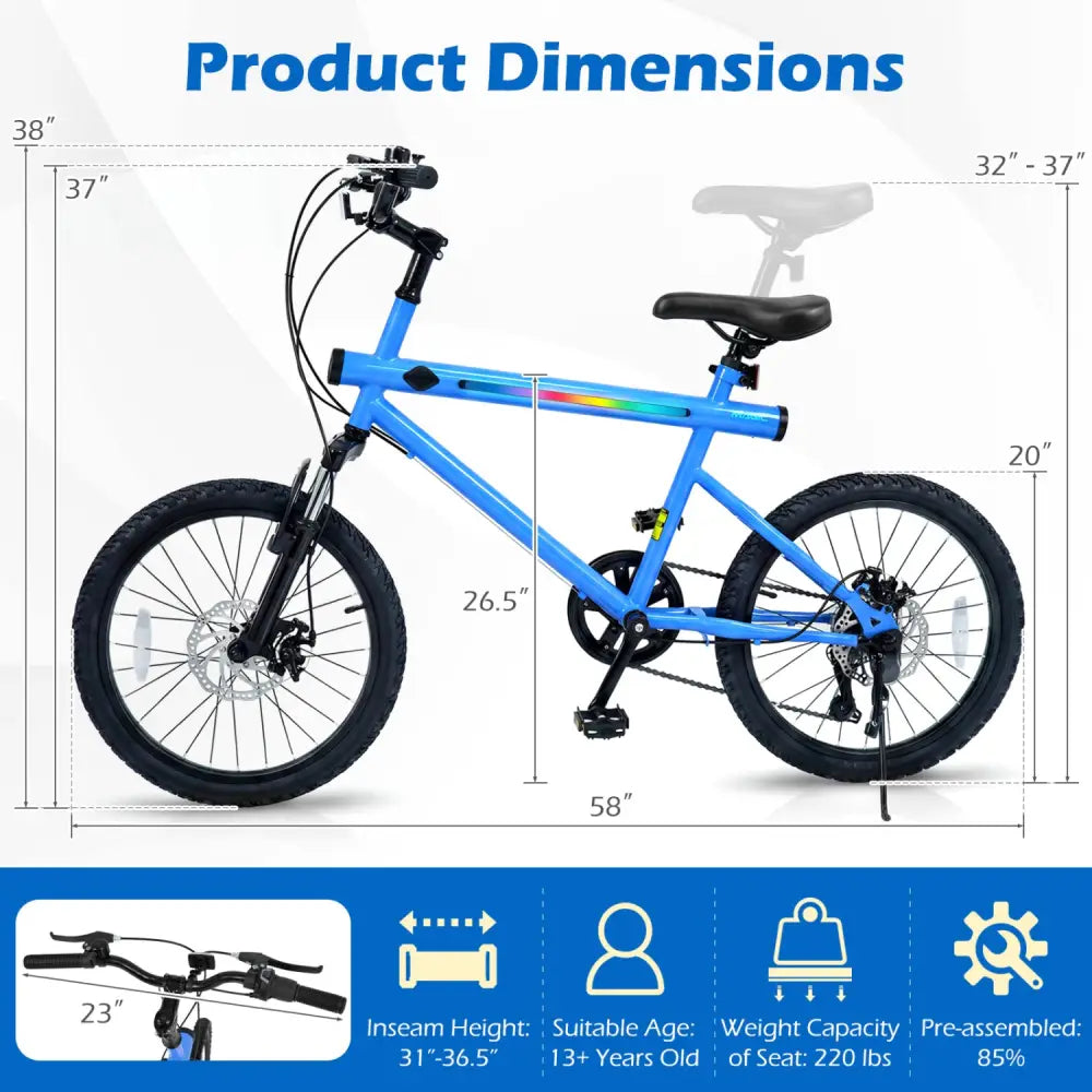 20 Inch Commuter Bicycle LED-lit with 6-Speed Shimano Twist Shifting and Stereo Speakers-Blue - Blue - Kids Bike