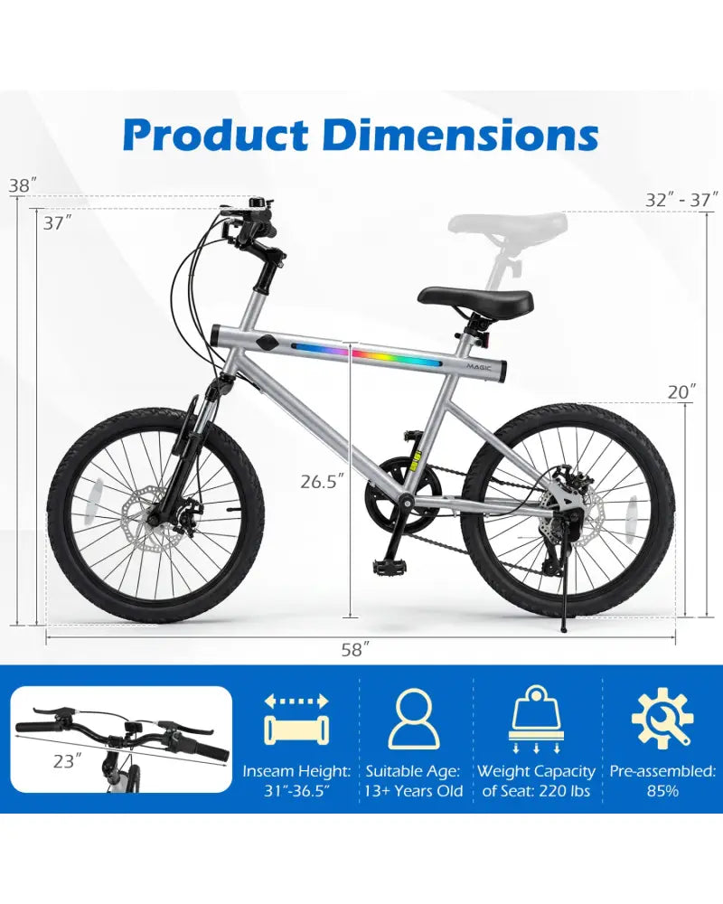 20 Inch Commuter Bicycle LED-lit with 6-Speed Shimano Twist Shifting and Stereo Speakers-Silver - Silver - Kids Bike