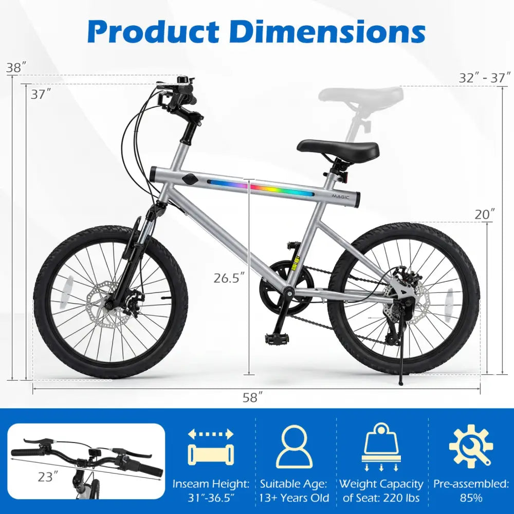 20 Inch Commuter Bicycle LED-lit with 6-Speed Shimano Twist Shifting and Stereo Speakers-Silver - Silver - Kids Bike