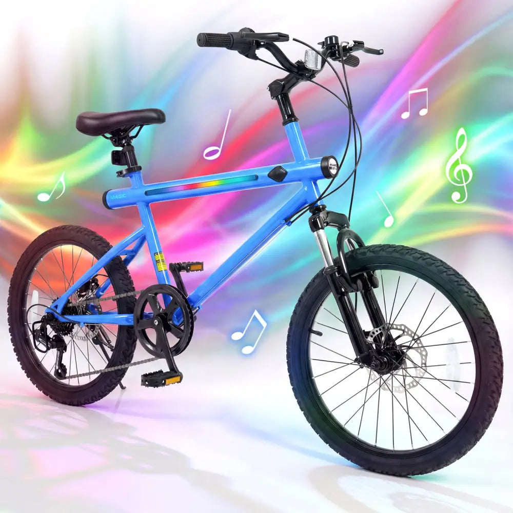 20 Inch Commuter Bicycle LED-lit with 6-Speed Shimano Twist Shifting and Stereo Speakers-Blue - Blue - Kids Bike