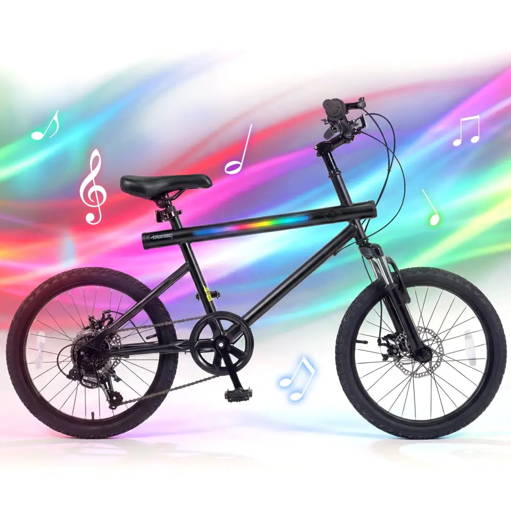 20 Inch Commuter Bicycle LED-lit with 6-Speed Shimano Twist Shifting and Stereo Speakers-Black - Black - Kids Bike