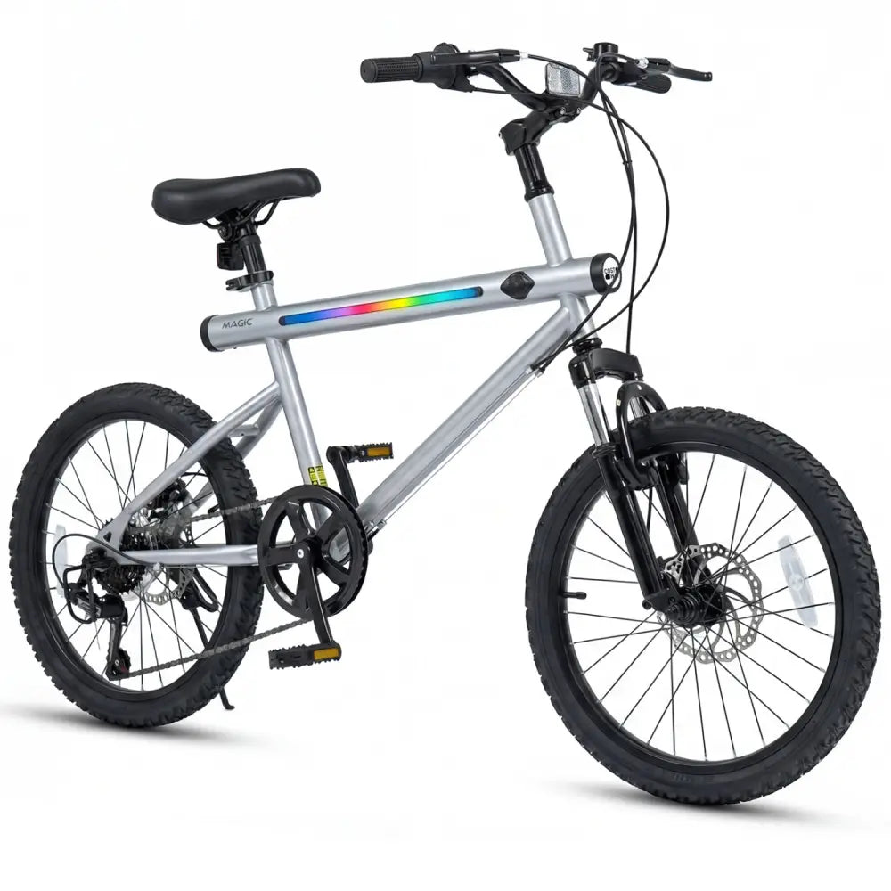 20 Inch Commuter Bicycle LED-lit with 6-Speed Shimano Twist Shifting and Stereo Speakers-Silver - Silver - Kids Bike