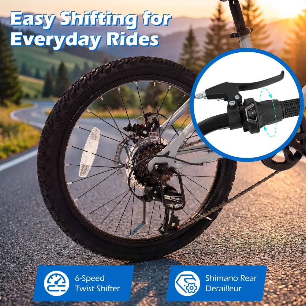 20 Inch Commuter Bicycle LED-lit with 6-Speed Shimano Twist Shifting and Stereo Speakers-Silver - Silver - Kids Bike