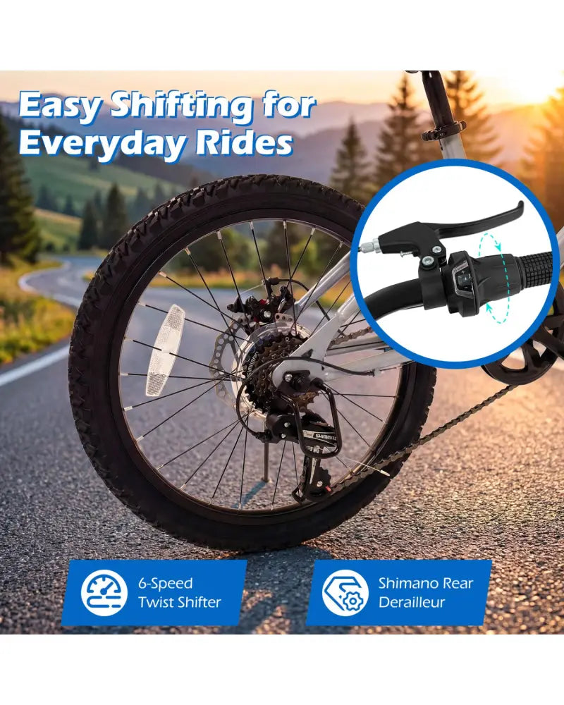 20 Inch Commuter Bicycle LED-lit with 6-Speed Shimano Twist Shifting and Stereo Speakers-Silver - Silver - Kids Bike