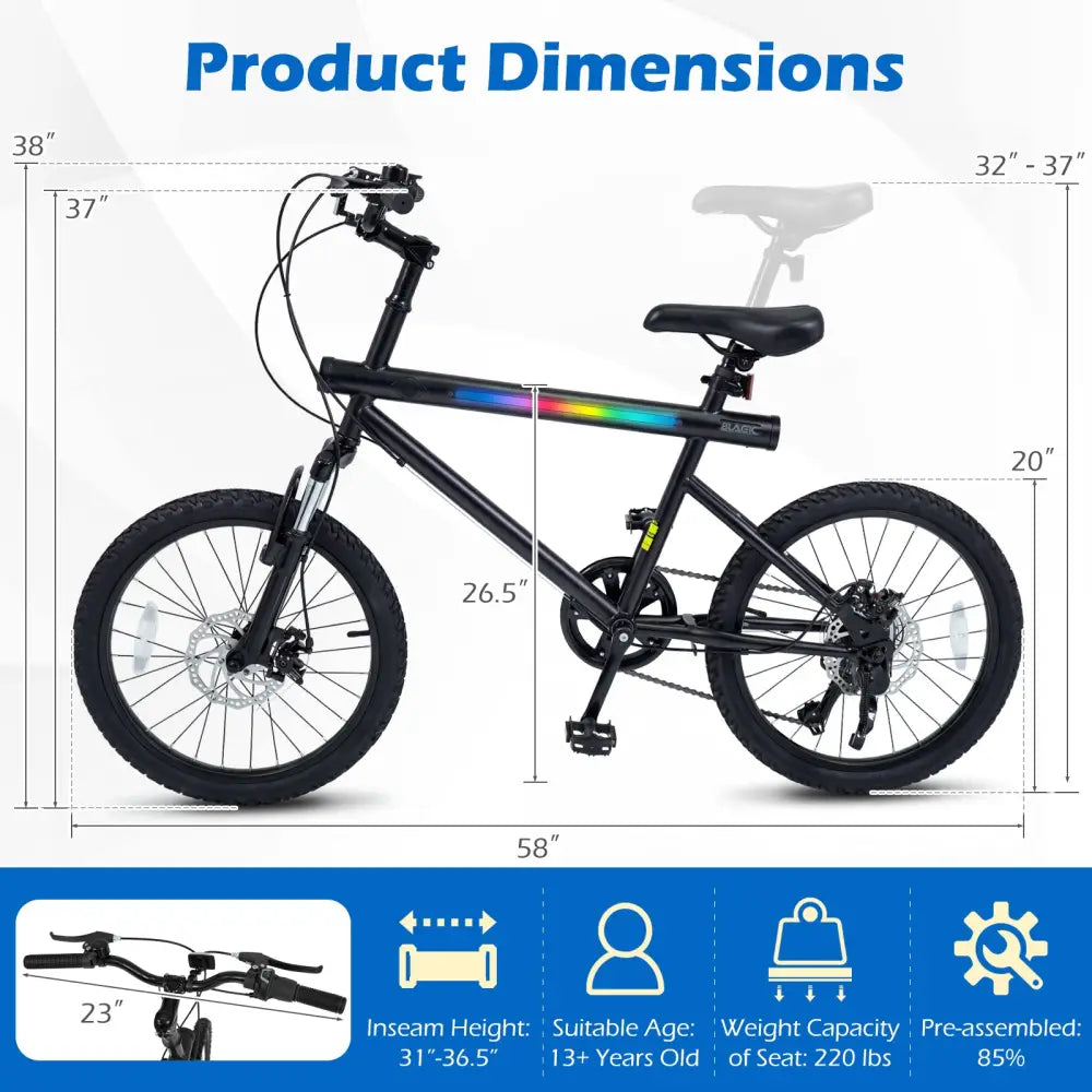 20 Inch Commuter Bicycle LED-lit with 6-Speed Shimano Twist Shifting and Stereo Speakers-Black - Black - Kids Bike
