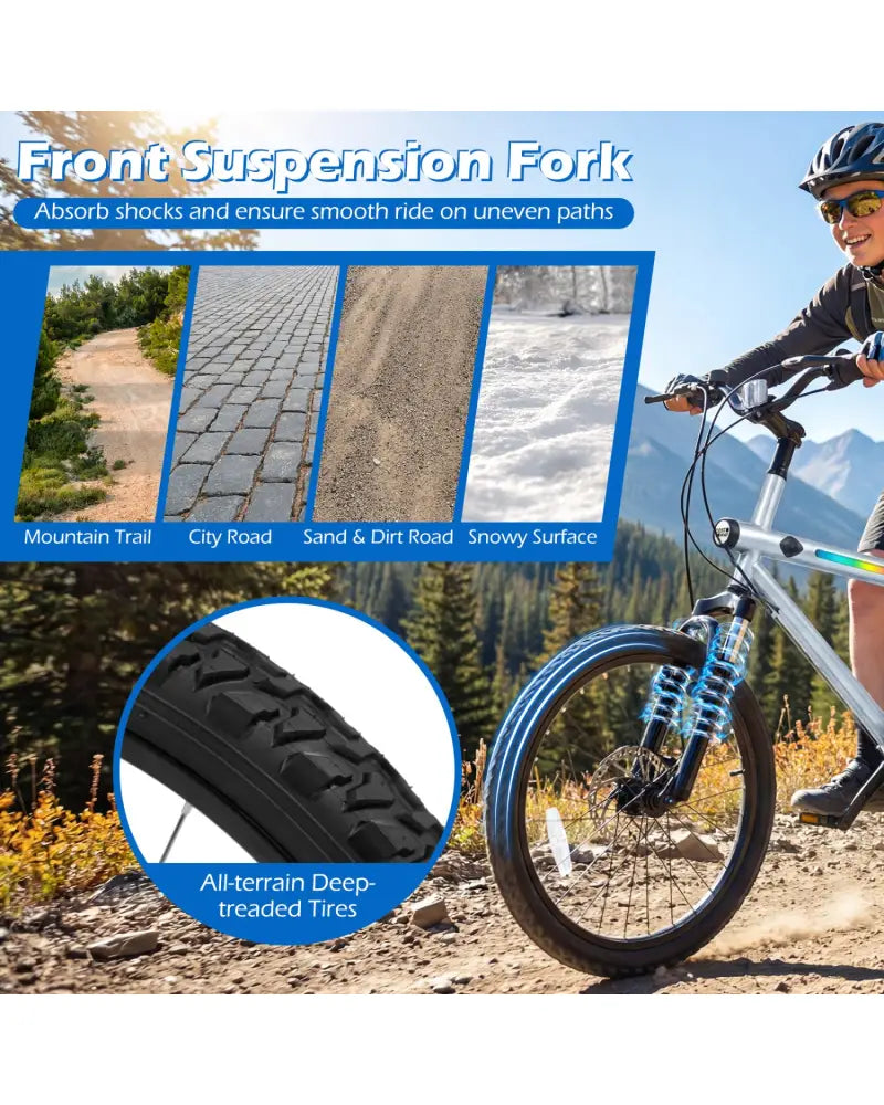 20 Inch Commuter Bicycle LED-lit with 6-Speed Shimano Twist Shifting and Stereo Speakers-Silver - Silver - Kids Bike