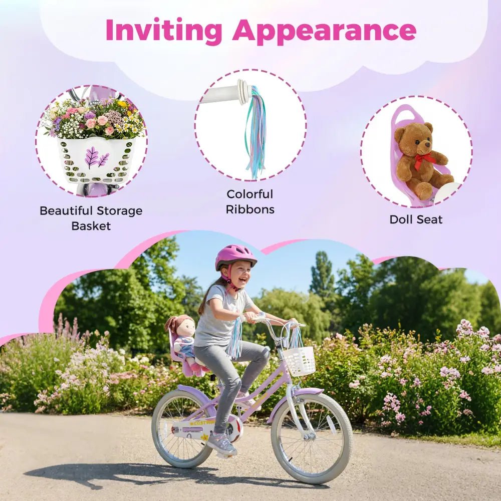 20 Inch Girls Bike Kids Bicycle with Doll Seat and Streamers for 8+ Years Old - Purple - Kids Bike