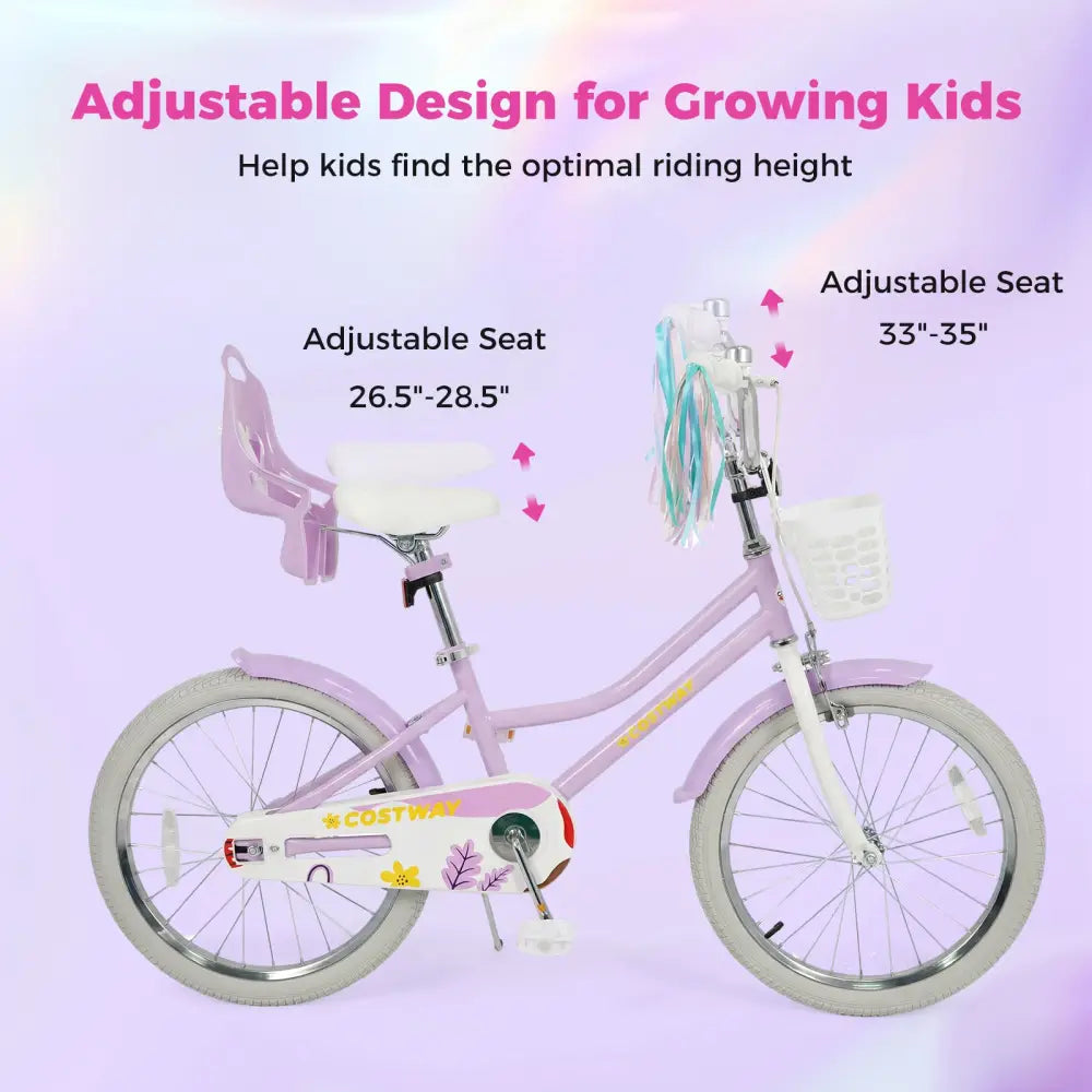 20 Inch Girls Bike Kids Bicycle with Doll Seat and Streamers for 8+ Years Old - Purple - Kids Bike