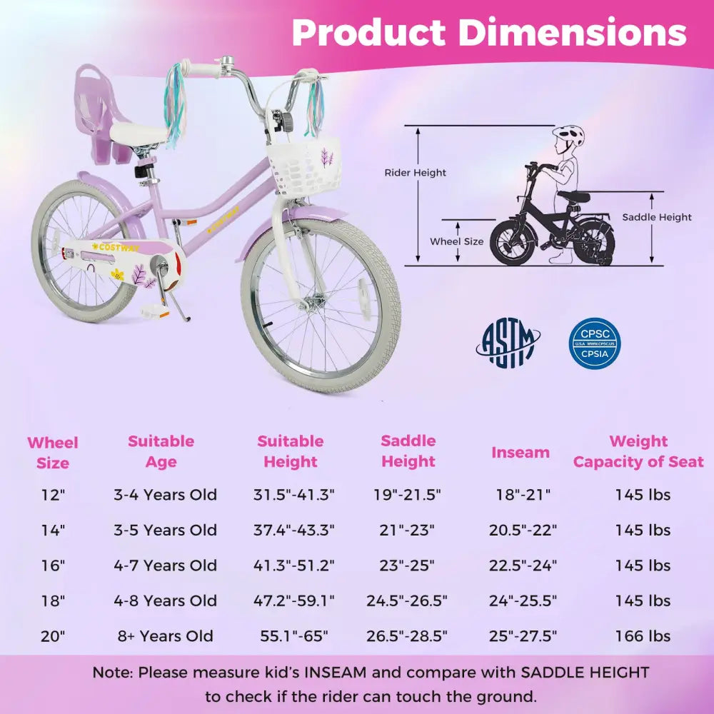 20 Inch Girls Bike Kids Bicycle with Doll Seat and Streamers for 8+ Years Old - Purple - Kids Bike