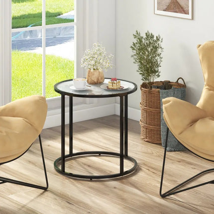 20 Inch Glass End Table with Metal Frame and Faux Marble Glass Top-Black and White Costway