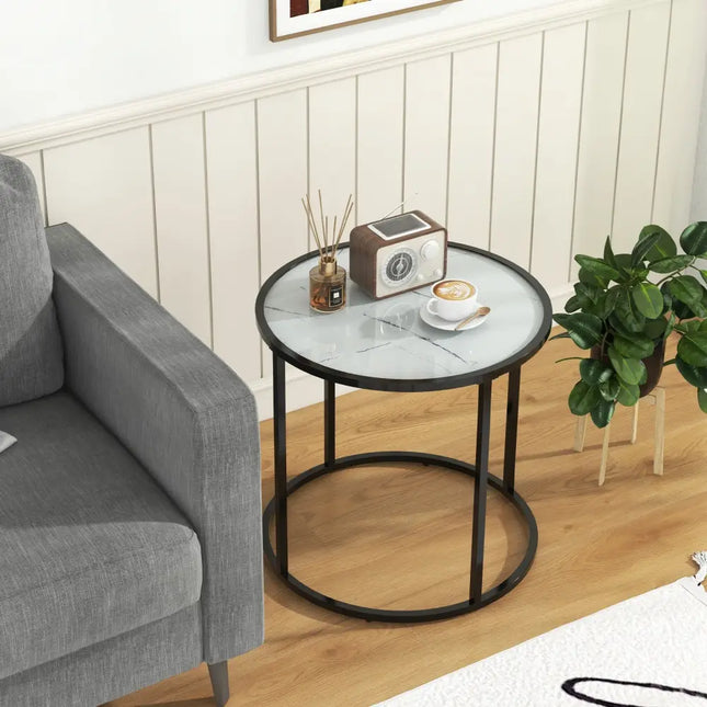 20 Inch Glass End Table with Metal Frame and Faux Marble Glass Top-Black and White Costway