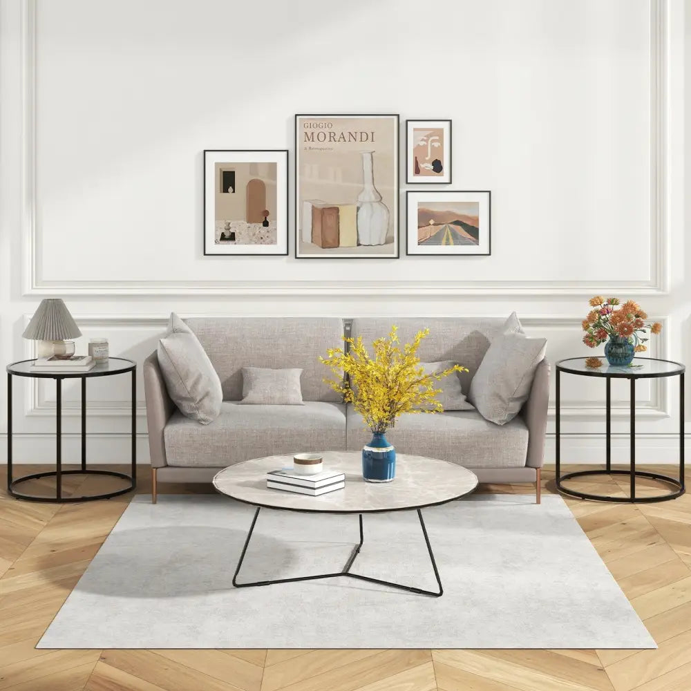 20 Inch Glass End Table with Metal Frame and Faux Marble Glass Top-Black and White Costway