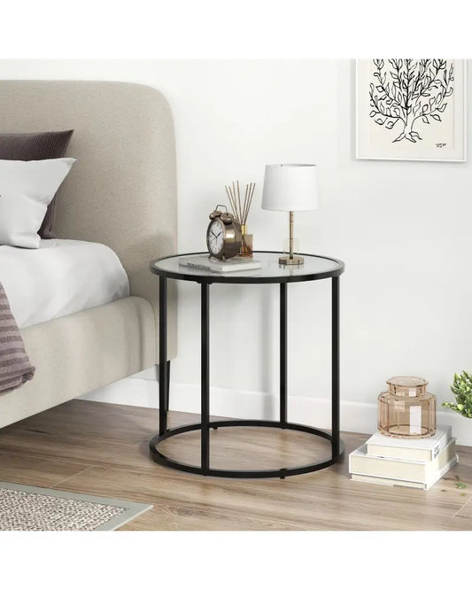 20 Inch Glass End Table with Metal Frame and Faux Marble Glass Top-Black and White - Black & White - End & Side Tables