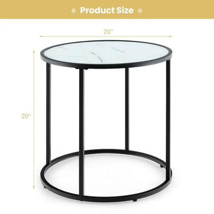 20 Inch Glass End Table with Metal Frame and Faux Marble Glass Top-Black and White Costway