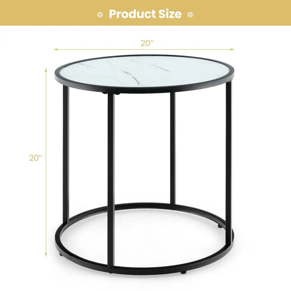 20 Inch Glass End Table with Metal Frame and Faux Marble Glass Top-Black and White Costway