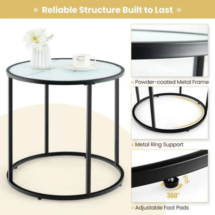 20 Inch Glass End Table with Metal Frame and Faux Marble Glass Top-Black and White Costway