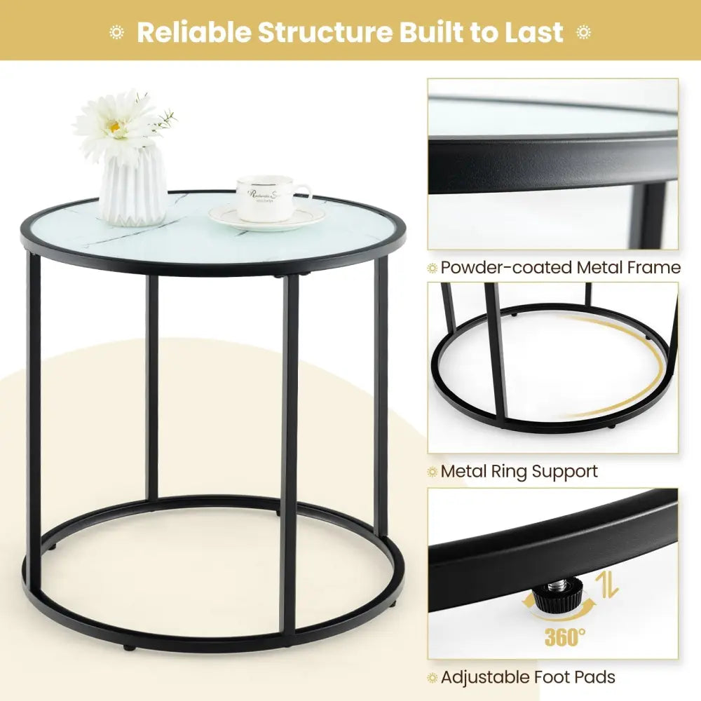 20 Inch Glass End Table with Metal Frame and Faux Marble Glass Top-Black and White Costway
