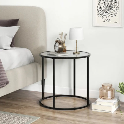 20 Inch Glass End Table with Metal Frame and Faux Marble Glass Top-Black and White Costway