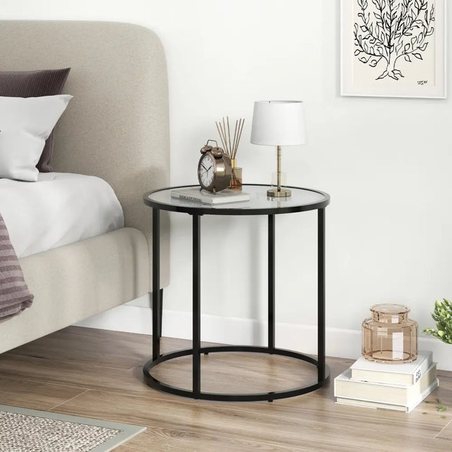20 Inch Glass End Table with Metal Frame and Faux Marble Glass Top-Black and White Costway