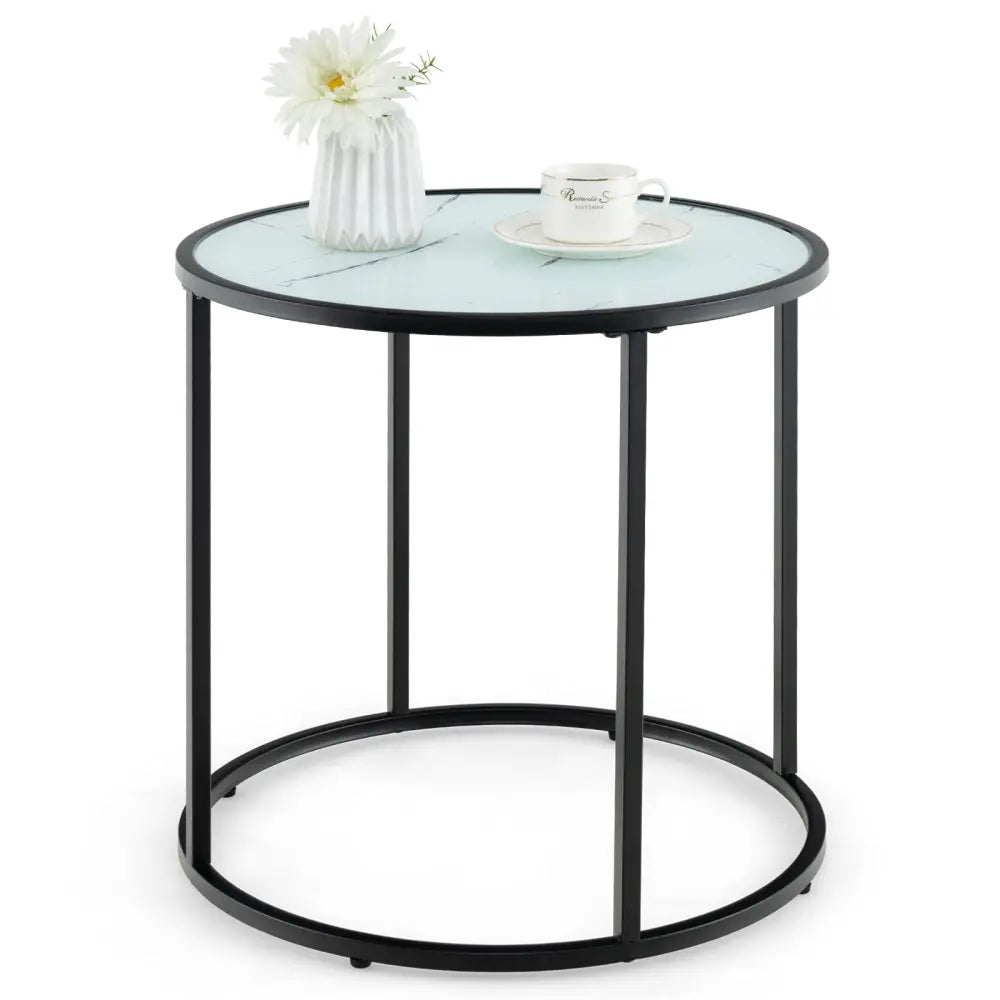 20 Inch Glass End Table with Metal Frame and Faux Marble Glass Top-Black and White Costway
