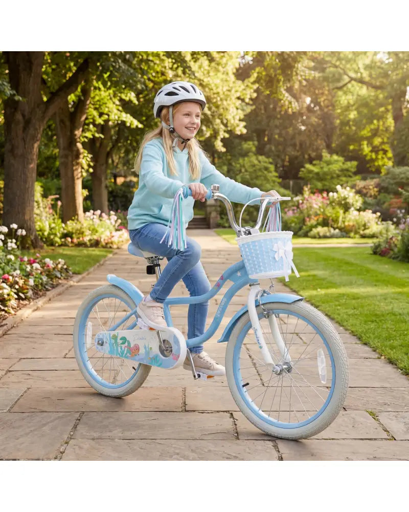 20 Inch Kids Bike Adjustable with Basket and Streamers Blue - Princess of the Sea Theme - Blue - Kids Bike