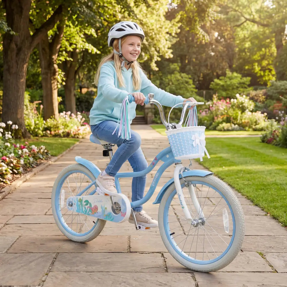 20 Inch Kids Bike Adjustable with Basket and Streamers Blue - Princess of the Sea Theme - Blue - Kids Bike