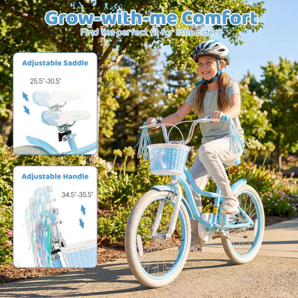 20 Inch Kids Bike Adjustable with Basket and Streamers Blue - Princess of the Sea Theme - Blue - Kids Bike