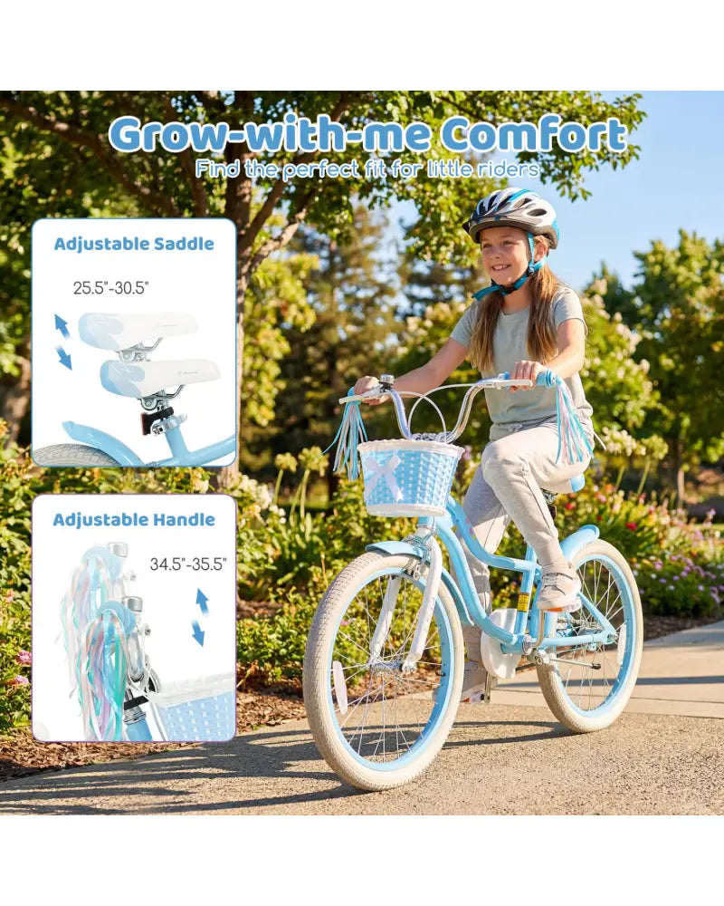 20 Inch Kids Bike Adjustable with Basket and Streamers Blue - Princess of the Sea Theme - Blue - Kids Bike