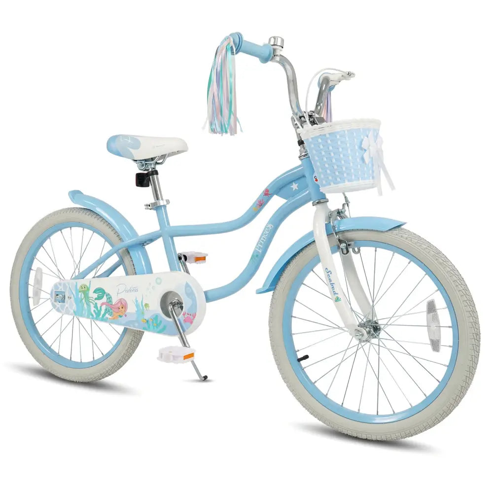 20 Inch Kids Bike Adjustable with Basket and Streamers Blue - Princess of the Sea Theme - Blue - Kids Bike
