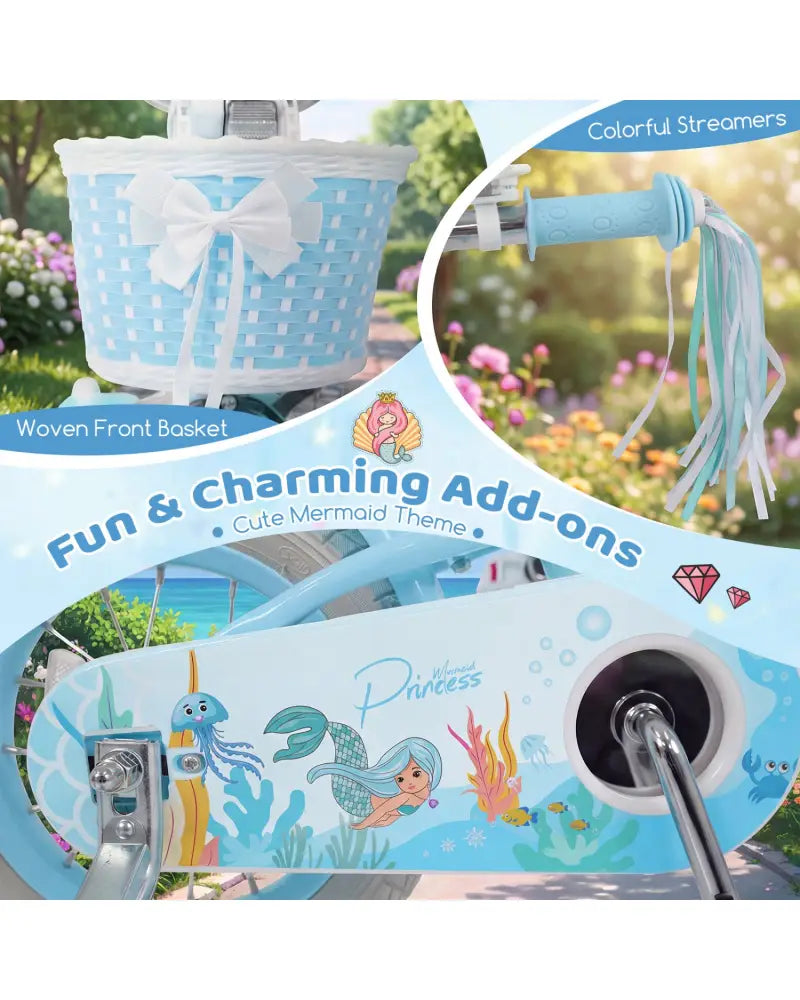 20 Inch Kids Bike Adjustable with Basket and Streamers Blue - Princess of the Sea Theme - Blue - Kids Bike