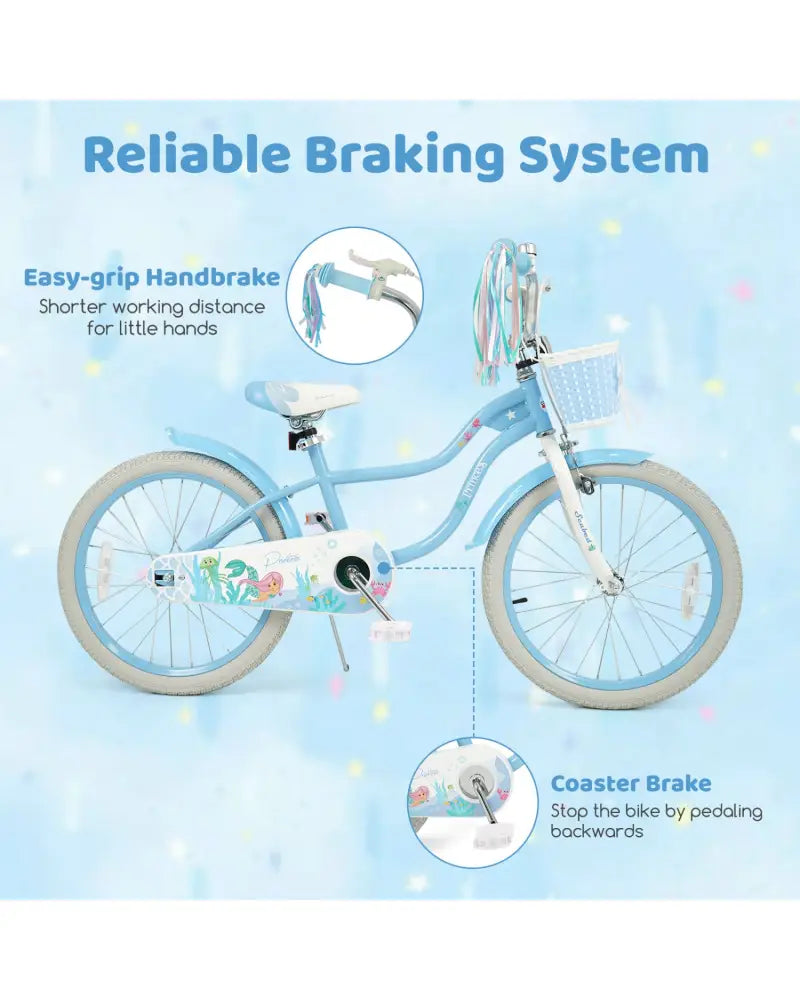 20 Inch Kids Bike Adjustable with Basket and Streamers Blue - Princess of the Sea Theme - Blue - Kids Bike