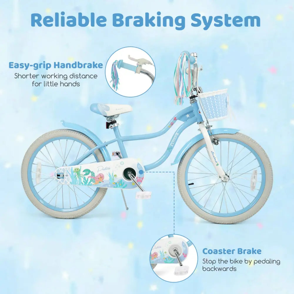 20 Inch Kids Bike Adjustable with Basket and Streamers Blue - Princess of the Sea Theme - Blue - Kids Bike