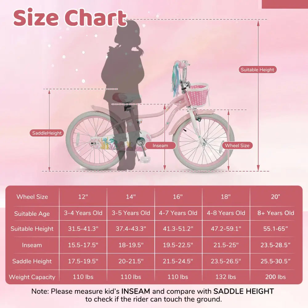 20 Inch Kids Bike Adjustable with Basket and Streamers Pink - Princess of the Sea Theme - Pink - Kids Bike