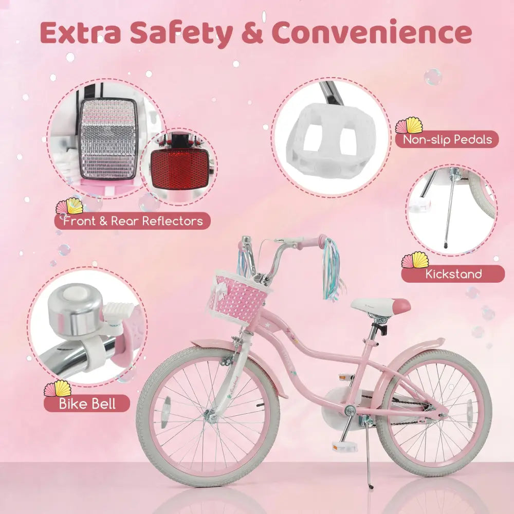 20 Inch Kids Bike Adjustable with Basket and Streamers Pink - Princess of the Sea Theme - Pink - Kids Bike