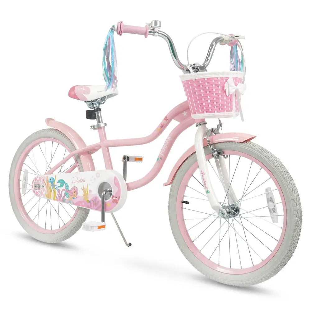 20 Inch Kids Bike Adjustable with Basket and Streamers Pink - Princess of the Sea Theme - Pink - Kids Bike