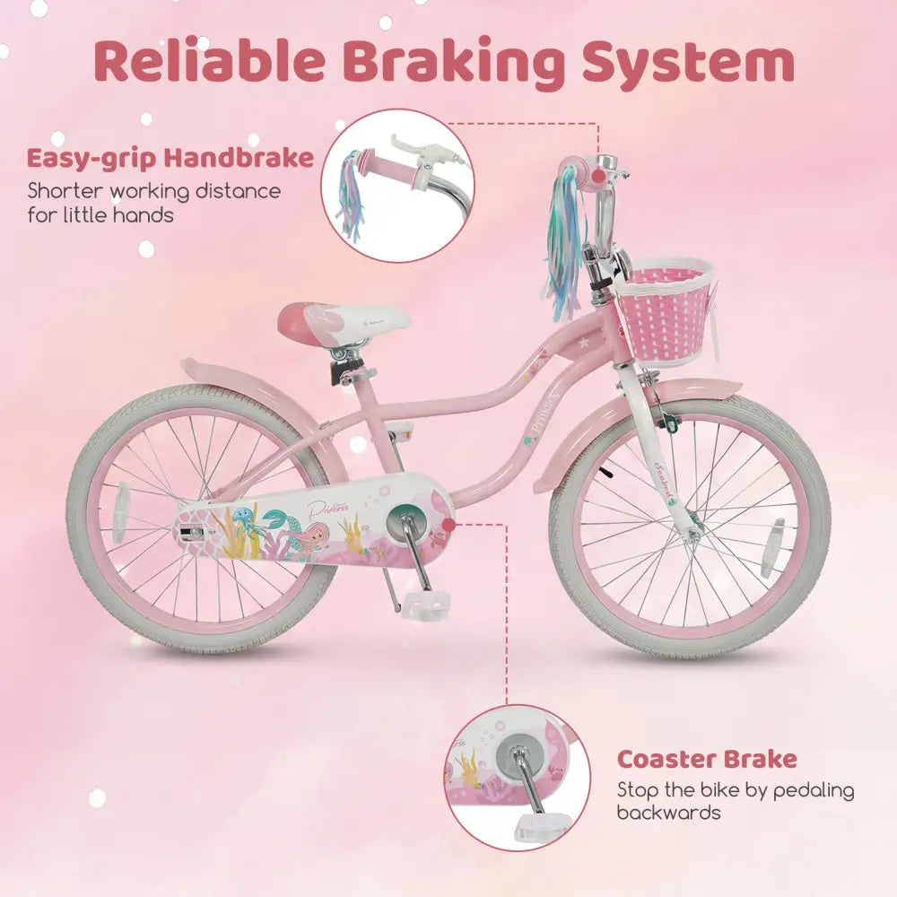 20 Inch Kids Bike Adjustable with Basket and Streamers Pink - Princess of the Sea Theme - Pink - Kids Bike