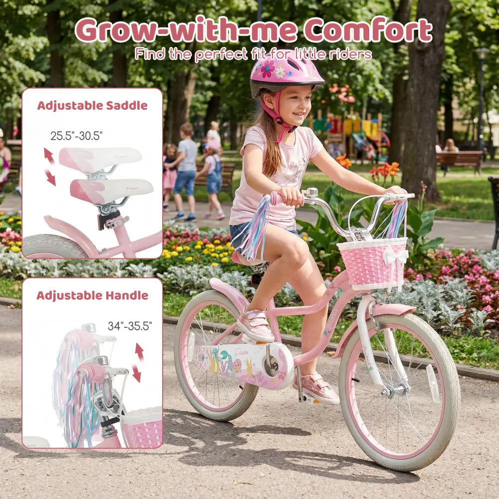 20 Inch Kids Bike Adjustable with Basket and Streamers Pink - Princess of the Sea Theme - Pink - Kids Bike