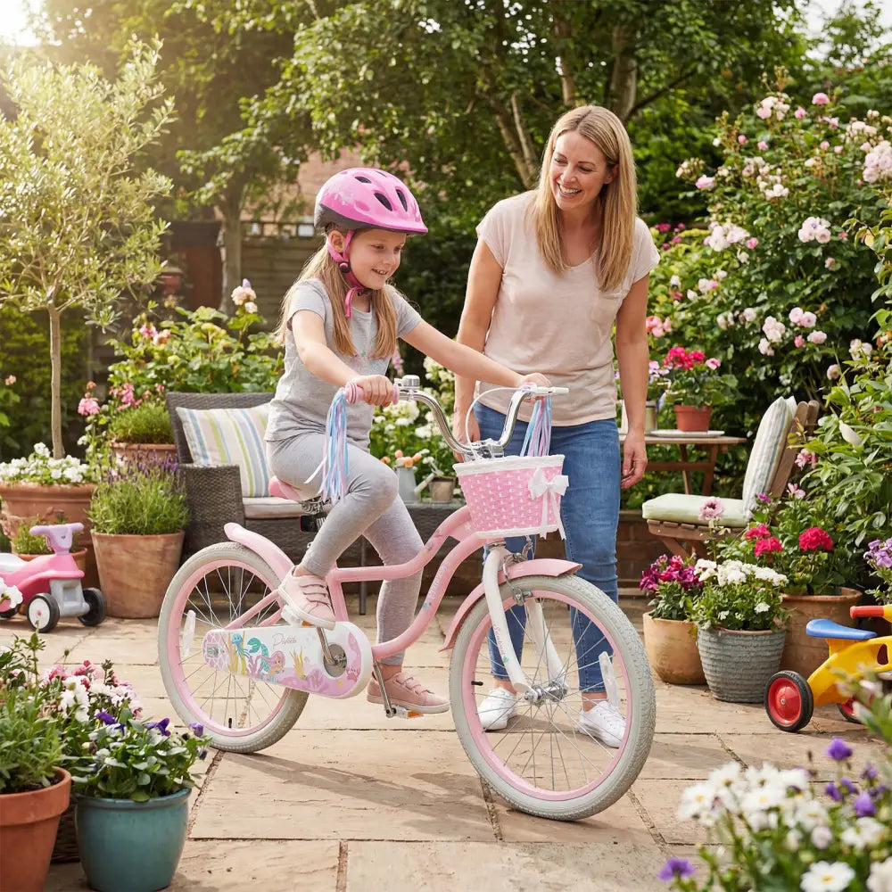 20 Inch Kids Bike Adjustable with Basket and Streamers Pink - Princess of the Sea Theme - Pink - Kids Bike