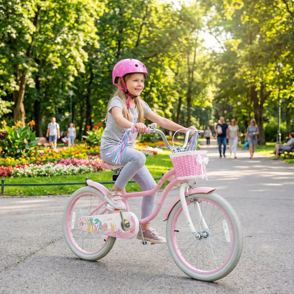 20 Inch Kids Bike Adjustable with Basket and Streamers Pink - Princess of the Sea Theme - Pink - Kids Bike