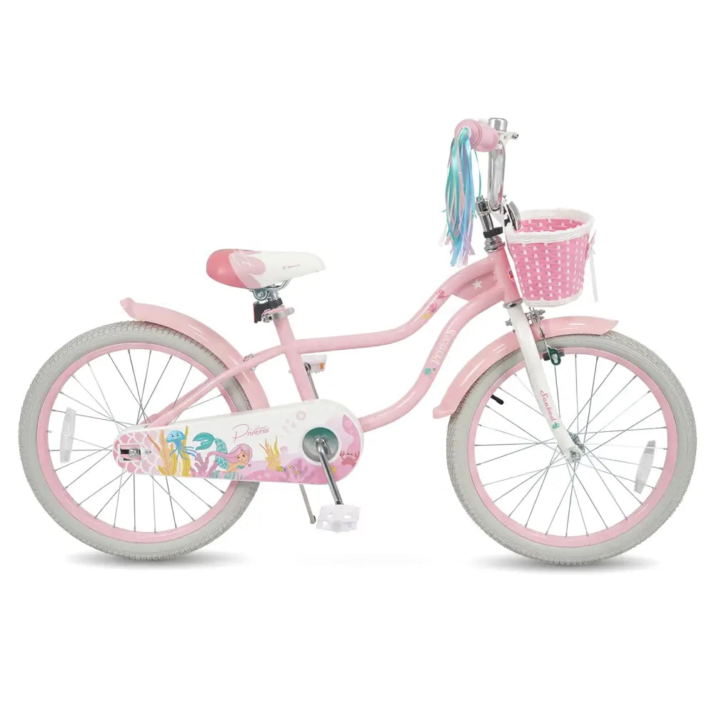 20 Inch Kids Bike Adjustable with Basket and Streamers Pink - Princess of the Sea Theme - Pink - Kids Bike
